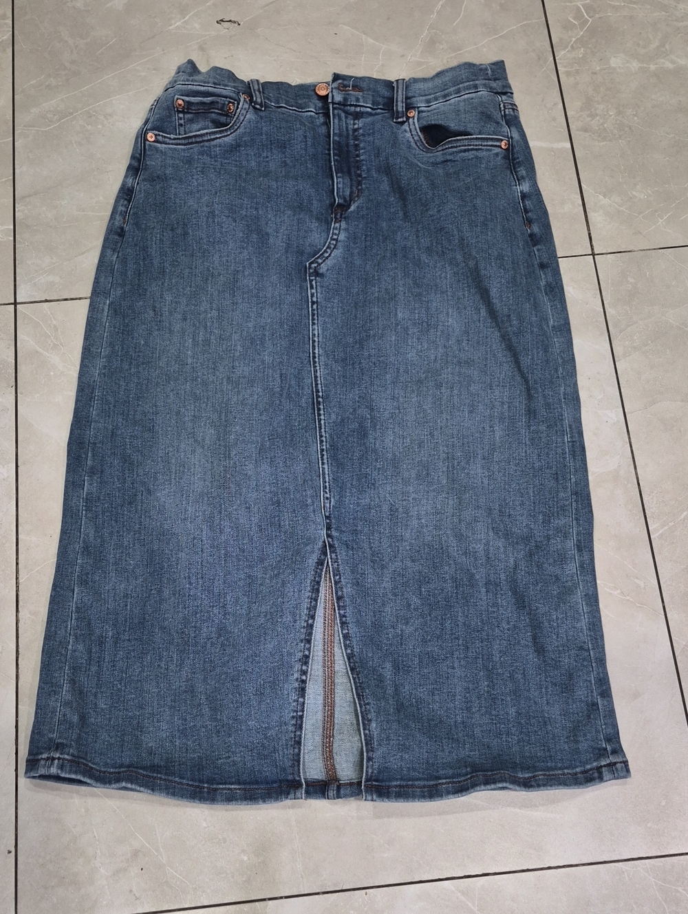 Canon Blue Straight-Leg Denim Skirt with Front Slit